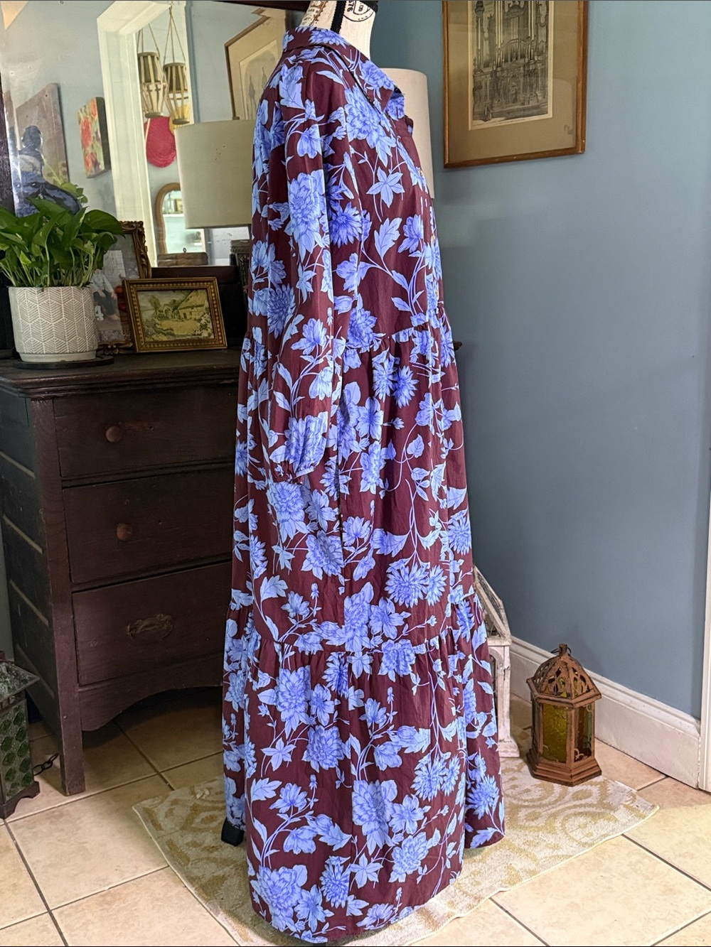 Maeve Anthropologie Bettina Brown Blue Floral Tiered Midi Shirt Dress Large - Picture 6 of 10